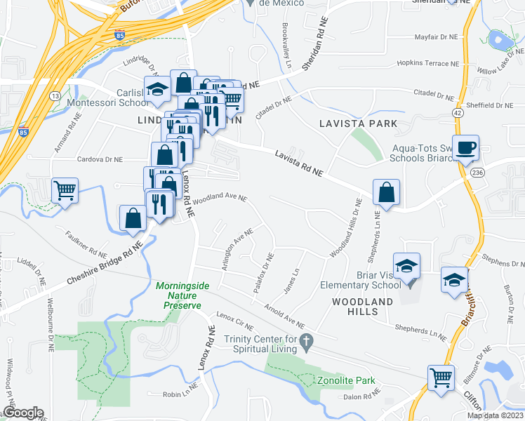 map of restaurants, bars, coffee shops, grocery stores, and more near 1049 Country Lane Northeast in Atlanta