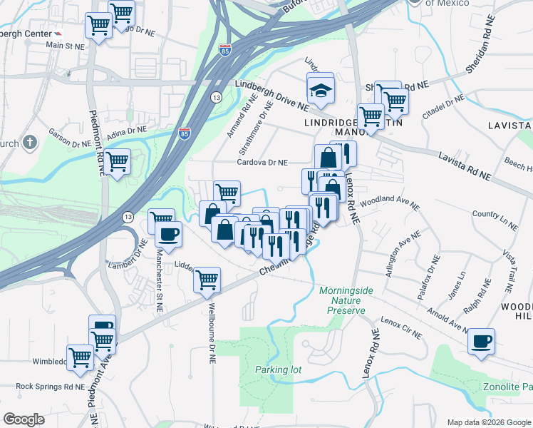 map of restaurants, bars, coffee shops, grocery stores, and more near 2144 Melante Drive Northeast in Atlanta