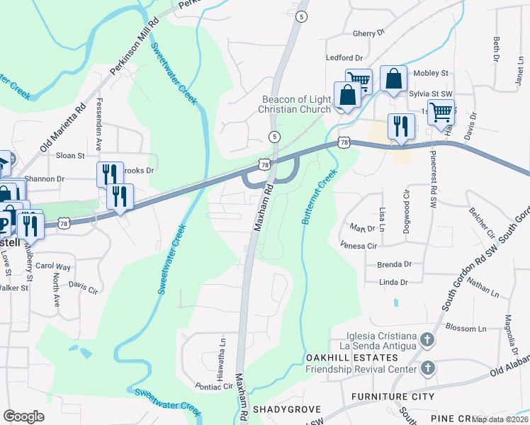 map of restaurants, bars, coffee shops, grocery stores, and more near 5745 Maxham Road in Austell