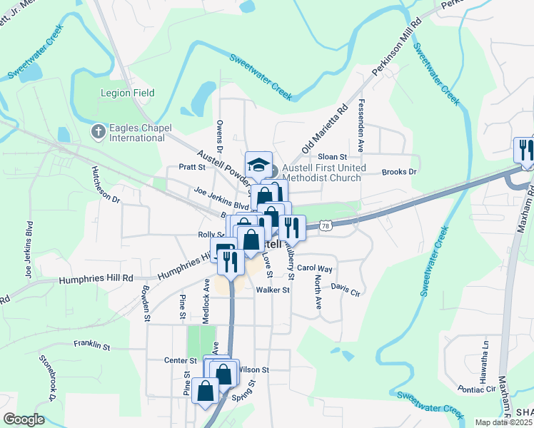 map of restaurants, bars, coffee shops, grocery stores, and more near 2761 Joe Jerkins Boulevard in Austell