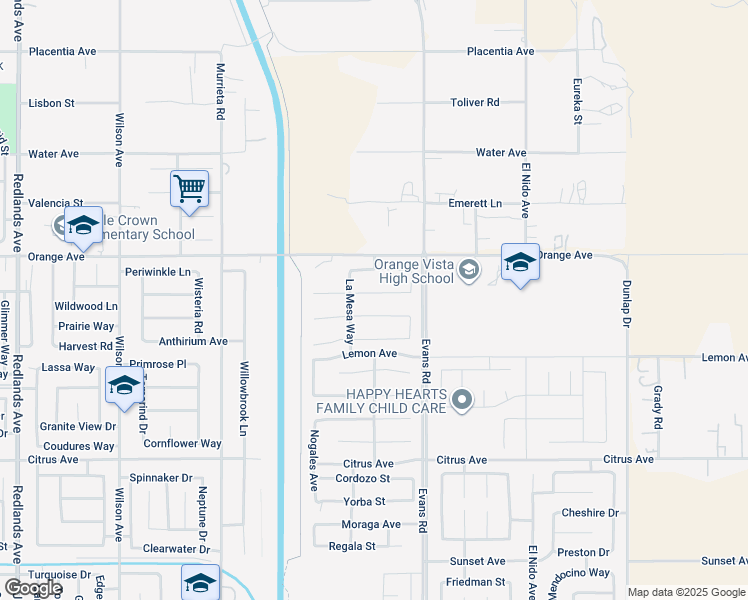 map of restaurants, bars, coffee shops, grocery stores, and more near 1119 Fortuna Street in Perris