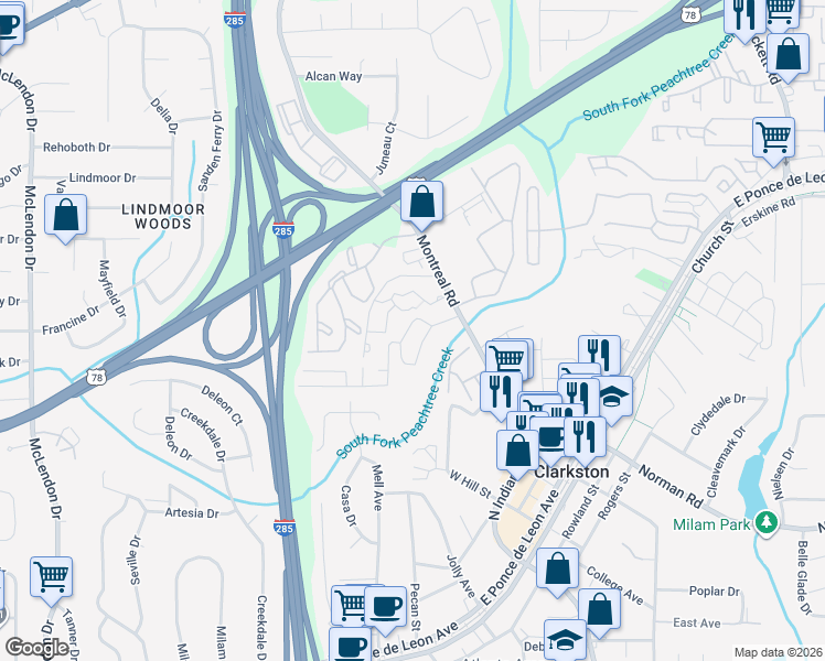 map of restaurants, bars, coffee shops, grocery stores, and more near 120 Plantation Drive in Clarkston