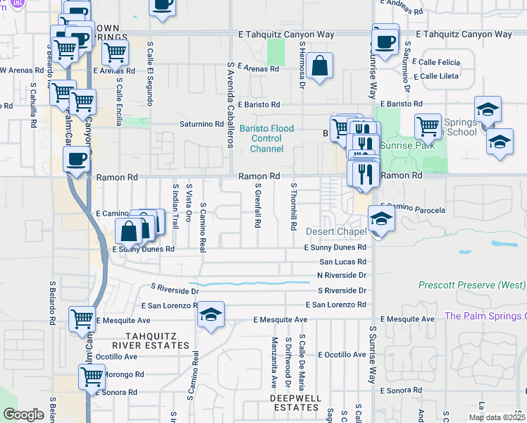 map of restaurants, bars, coffee shops, grocery stores, and more near 598 South Grenfall Road in Palm Springs