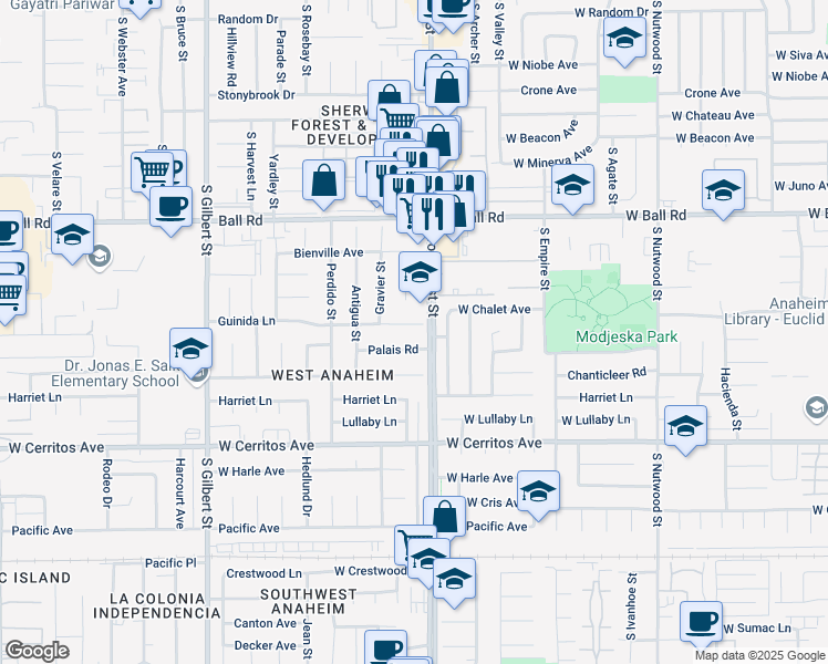 map of restaurants, bars, coffee shops, grocery stores, and more near 9952 Guinida Lane in Anaheim
