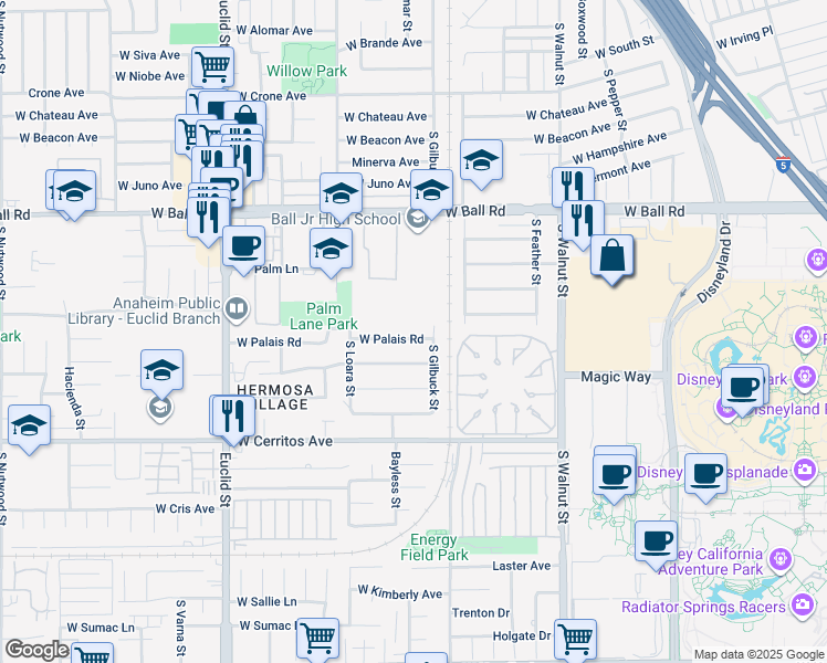 map of restaurants, bars, coffee shops, grocery stores, and more near 1531 West Palais Road in Anaheim