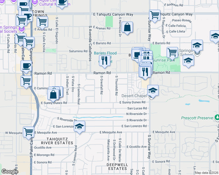 map of restaurants, bars, coffee shops, grocery stores, and more near 1111 Ramon Road in Palm Springs