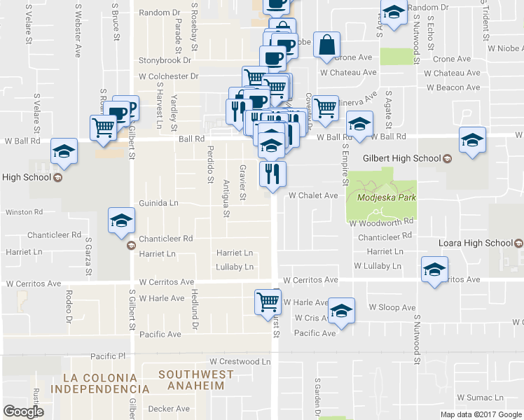 map of restaurants, bars, coffee shops, grocery stores, and more near 9952 Guinida Lane in Anaheim