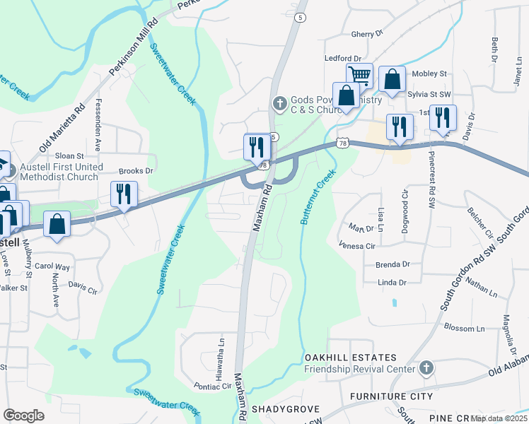 map of restaurants, bars, coffee shops, grocery stores, and more near 5745 Maxham Road in Austell