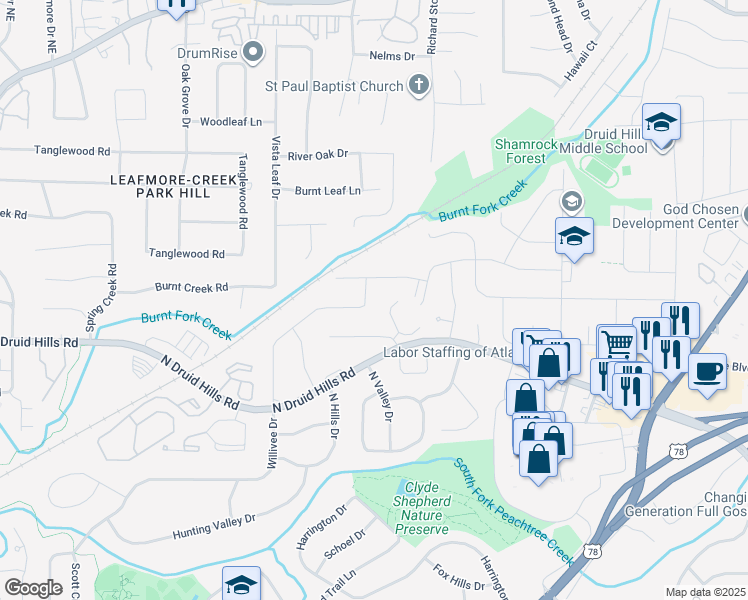 map of restaurants, bars, coffee shops, grocery stores, and more near 2543 Wilson Woods Drive in Decatur