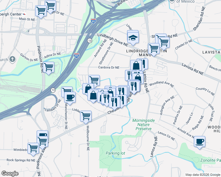 map of restaurants, bars, coffee shops, grocery stores, and more near 2144 Melante Drive Northeast in Atlanta