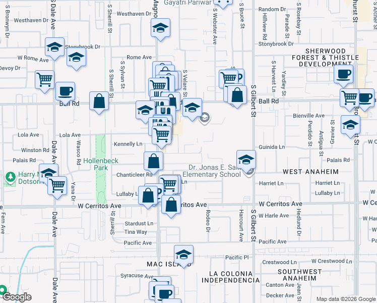 map of restaurants, bars, coffee shops, grocery stores, and more near 2533 West Winston Road in Anaheim