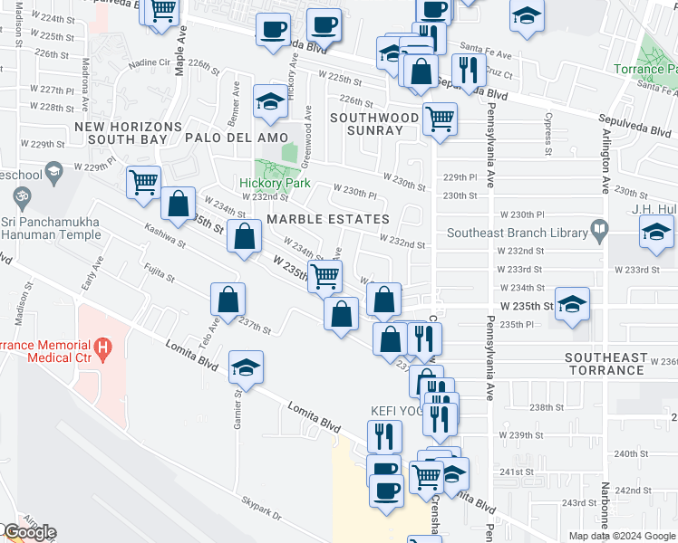 map of restaurants, bars, coffee shops, grocery stores, and more near 23404 Elm Avenue in Torrance