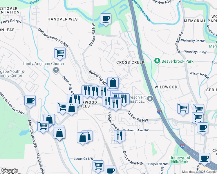 map of restaurants, bars, coffee shops, grocery stores, and more near Defoors Ferry Rd NW & Bohler Rd NW in Atlanta