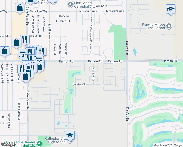 map of restaurants, bars, coffee shops, grocery stores, and more near Oleander Drive in Cathedral City