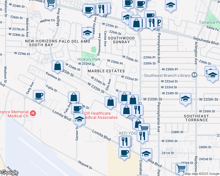 map of restaurants, bars, coffee shops, grocery stores, and more near 23404 Elm Avenue in Torrance