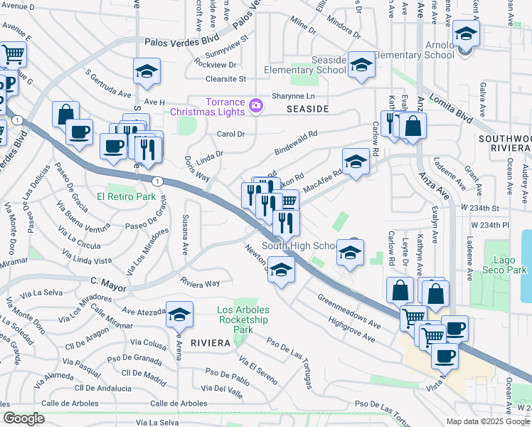 map of restaurants, bars, coffee shops, grocery stores, and more near 5215 Doris Way in Torrance