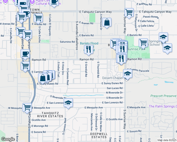 map of restaurants, bars, coffee shops, grocery stores, and more near 598 South Grenfall Road in Palm Springs