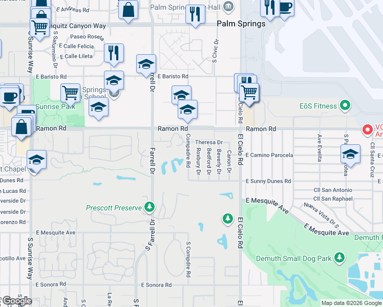 map of restaurants, bars, coffee shops, grocery stores, and more near 570 South Compadre Road in Palm Springs