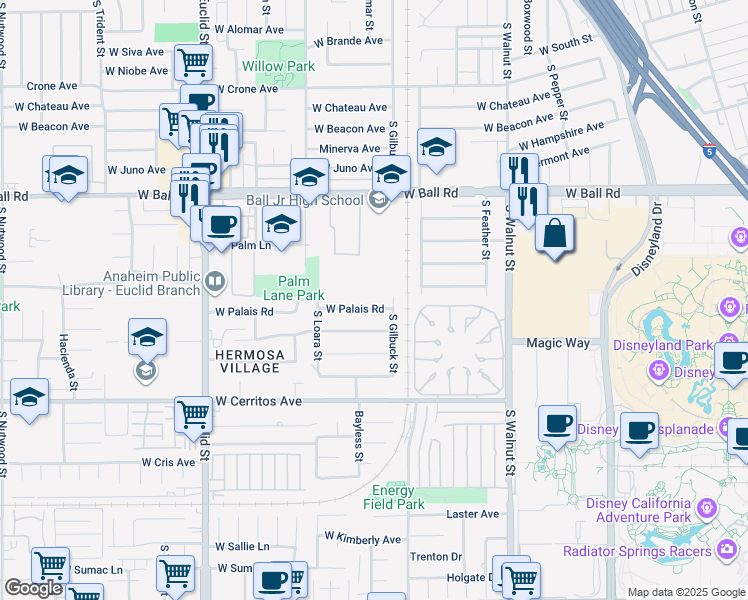 map of restaurants, bars, coffee shops, grocery stores, and more near 1531 West Palais Road in Anaheim