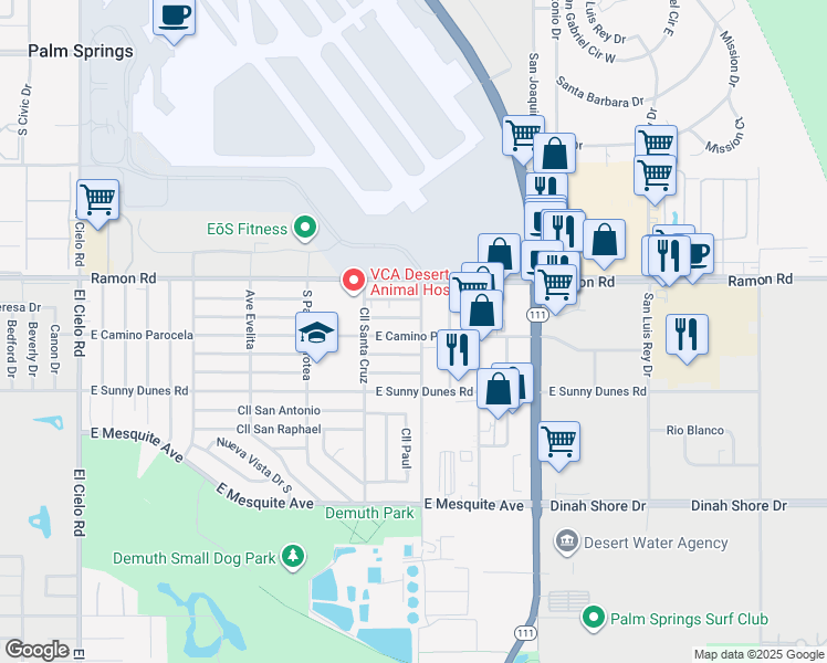 map of restaurants, bars, coffee shops, grocery stores, and more near 4499 East Calle De Carlos in Palm Springs