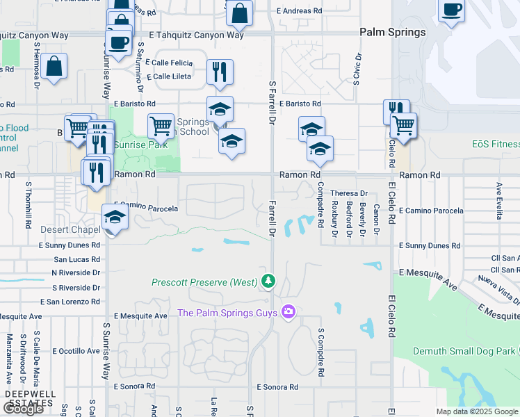 map of restaurants, bars, coffee shops, grocery stores, and more near 505 South Farrell Drive in Palm Springs