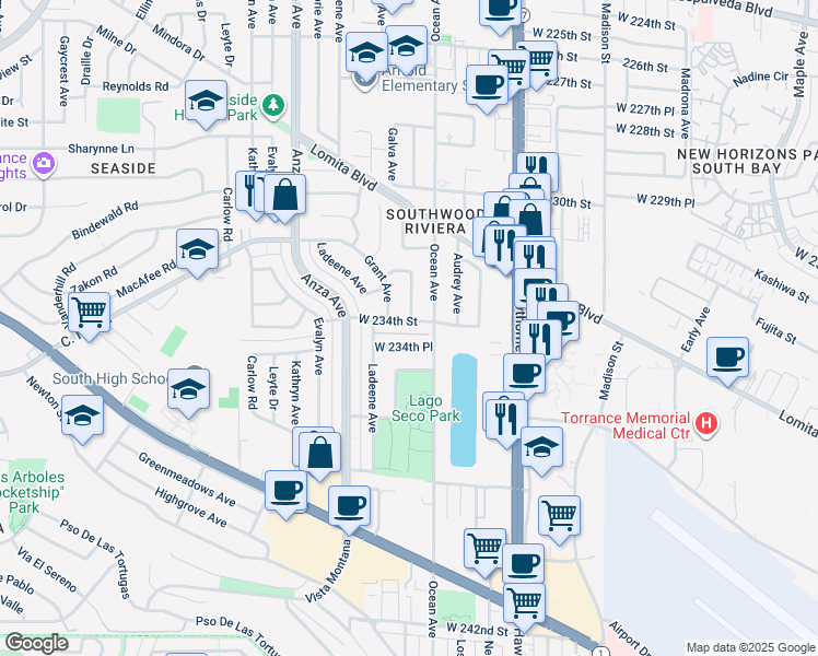 map of restaurants, bars, coffee shops, grocery stores, and more near 4002 West 234th Street in Torrance