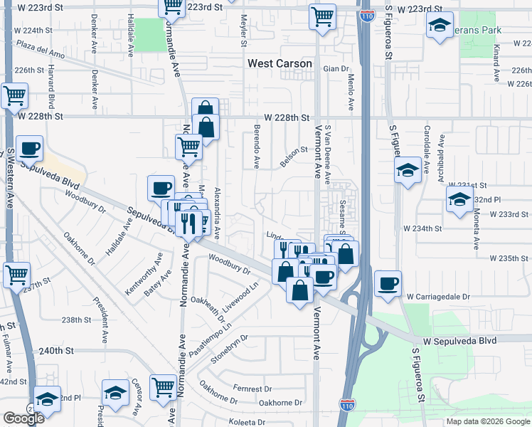 map of restaurants, bars, coffee shops, grocery stores, and more near 1054 Park Circle Drive in Torrance
