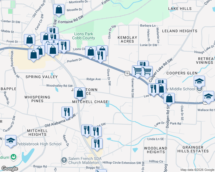 map of restaurants, bars, coffee shops, grocery stores, and more near 5742 Glore Drive Southwest in Mableton