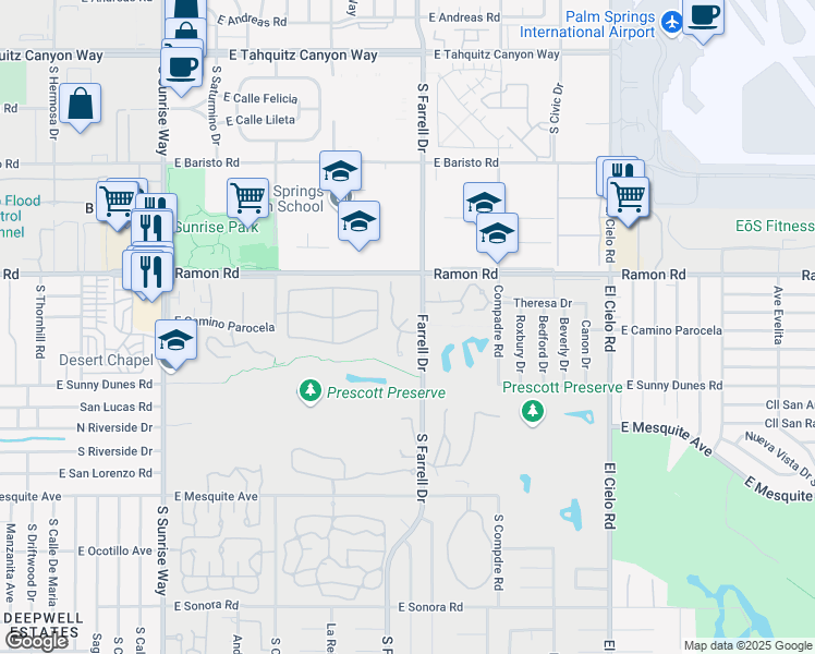 map of restaurants, bars, coffee shops, grocery stores, and more near 505 South Farrell Drive in Palm Springs
