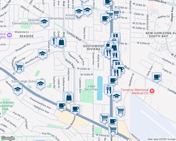 map of restaurants, bars, coffee shops, grocery stores, and more near 4002 West 234th Street in Torrance