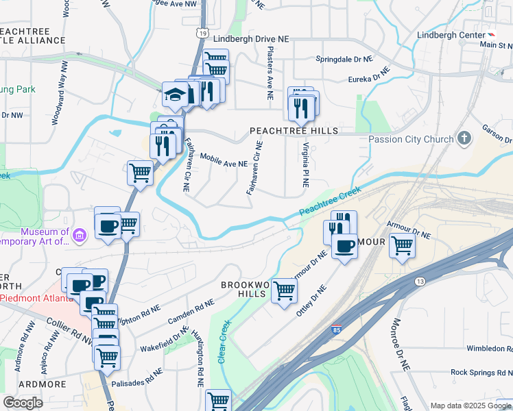 map of restaurants, bars, coffee shops, grocery stores, and more near 2171 Fairhaven Circle Northeast in Atlanta