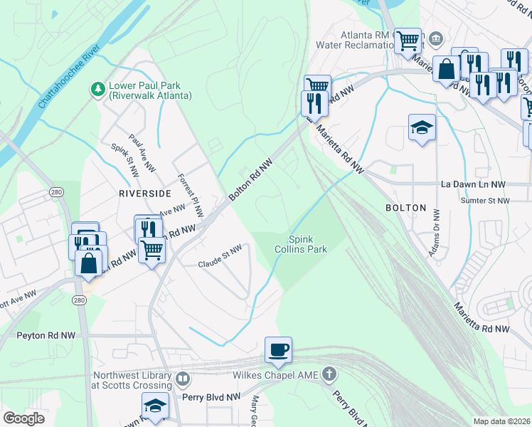 map of restaurants, bars, coffee shops, grocery stores, and more near 2185 Collins Ridge Drive Northwest in Atlanta