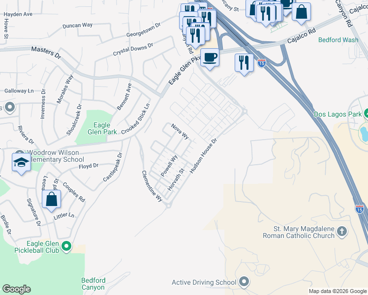 map of restaurants, bars, coffee shops, grocery stores, and more near 4124 Cameron Way in Corona