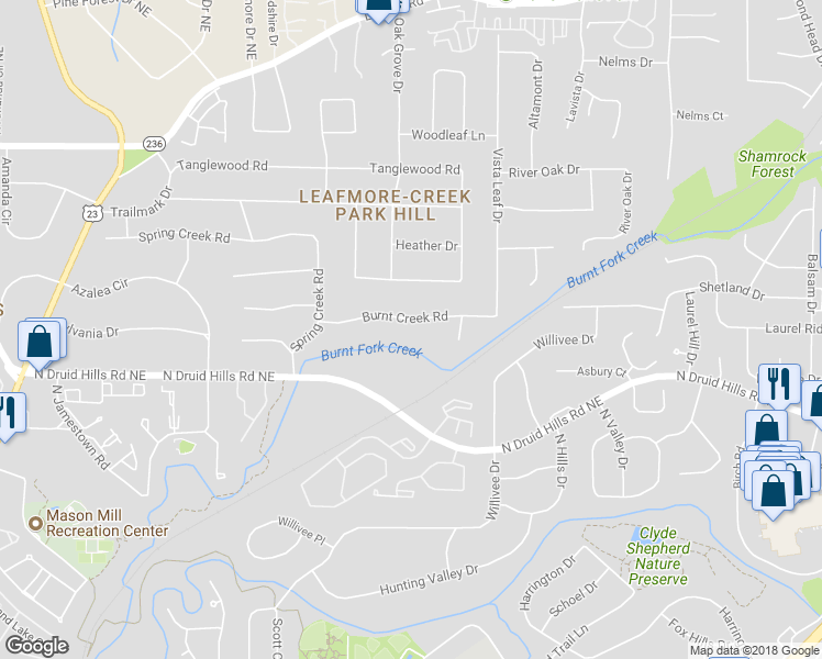 map of restaurants, bars, coffee shops, grocery stores, and more near 2357 Burnt Creek Road in Decatur
