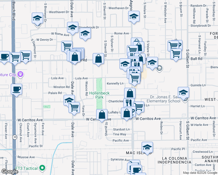 map of restaurants, bars, coffee shops, grocery stores, and more near 8791 Winston Road in Anaheim