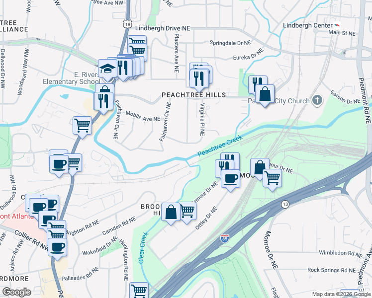 map of restaurants, bars, coffee shops, grocery stores, and more near 2165 Virginia Pl NE in Atlanta