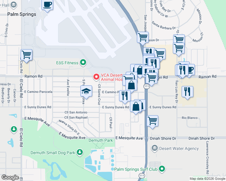 map of restaurants, bars, coffee shops, grocery stores, and more near 4490 East Camino Parocela in Palm Springs