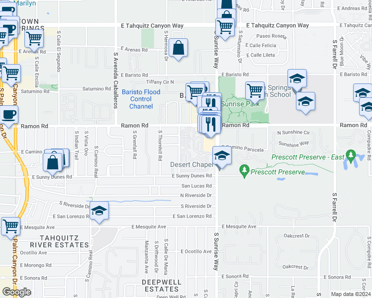 map of restaurants, bars, coffee shops, grocery stores, and more near 89 Big Chief Street in Palm Springs