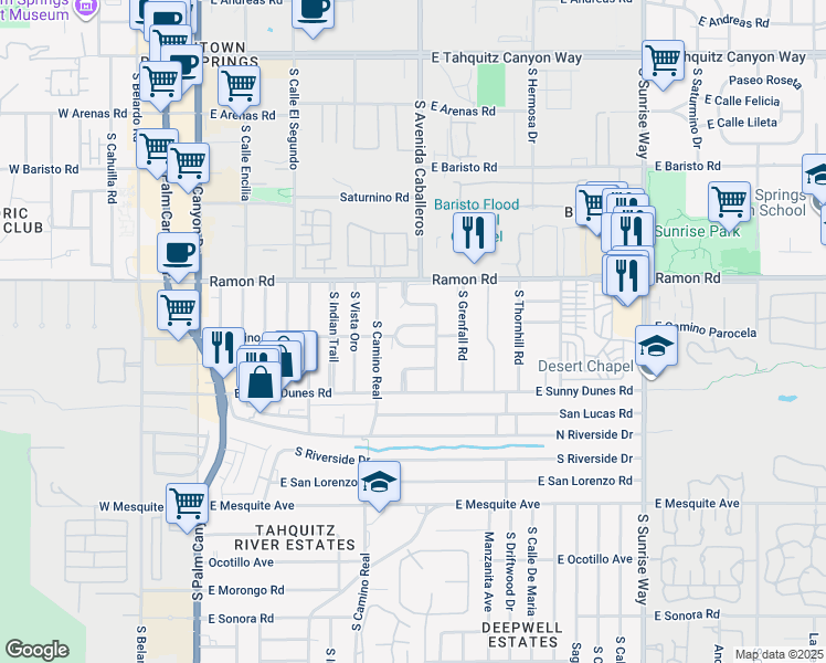 map of restaurants, bars, coffee shops, grocery stores, and more near 975 East Camino Parocela in Palm Springs