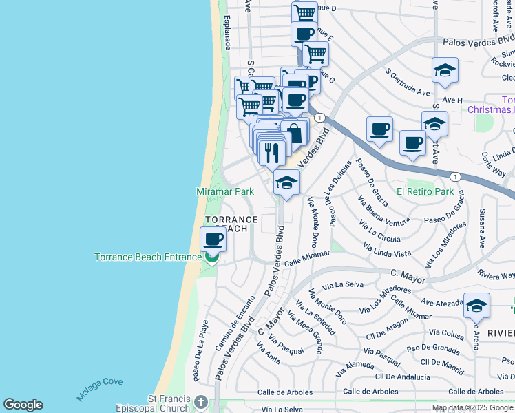 map of restaurants, bars, coffee shops, grocery stores, and more near 232 Calle Miramar in Redondo Beach