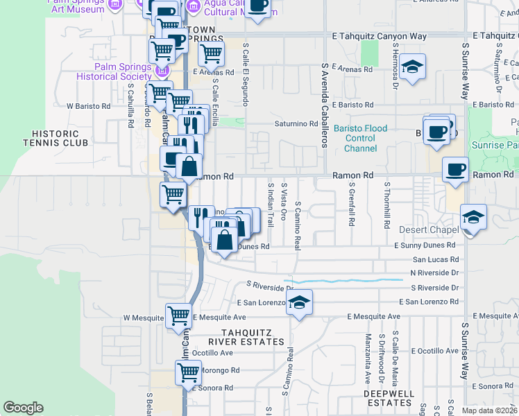 map of restaurants, bars, coffee shops, grocery stores, and more near 590 South Calle Palo Fierro in Palm Springs