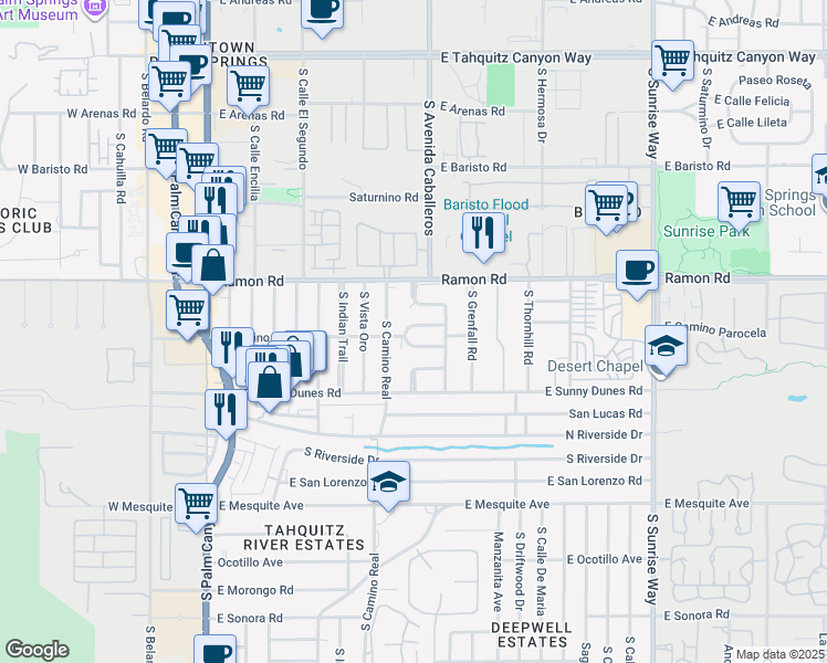 map of restaurants, bars, coffee shops, grocery stores, and more near 967 East Cam Parocela in Palm Springs