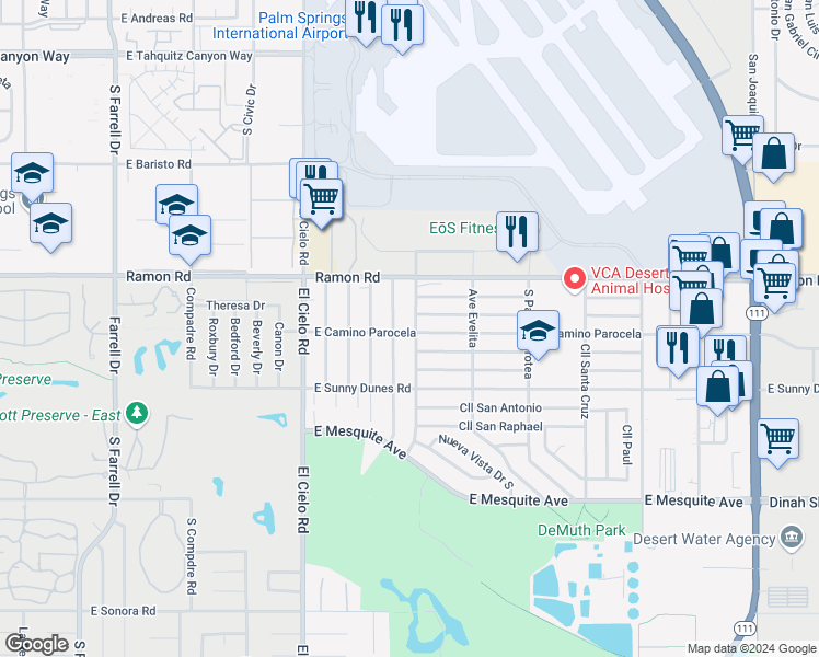 map of restaurants, bars, coffee shops, grocery stores, and more near 563 El Placer Road in Palm Springs