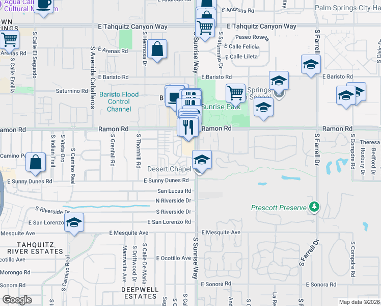 map of restaurants, bars, coffee shops, grocery stores, and more near 555 South Sunrise Way in Palm Springs