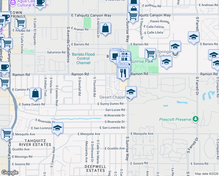 map of restaurants, bars, coffee shops, grocery stores, and more near 73 Escanaba Street in Palm Springs
