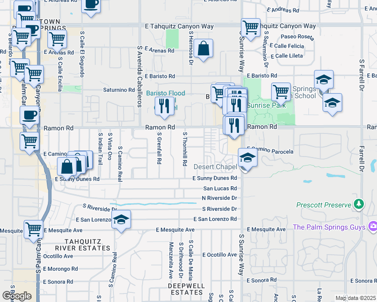map of restaurants, bars, coffee shops, grocery stores, and more near 595 South Thornhill Road in Palm Springs