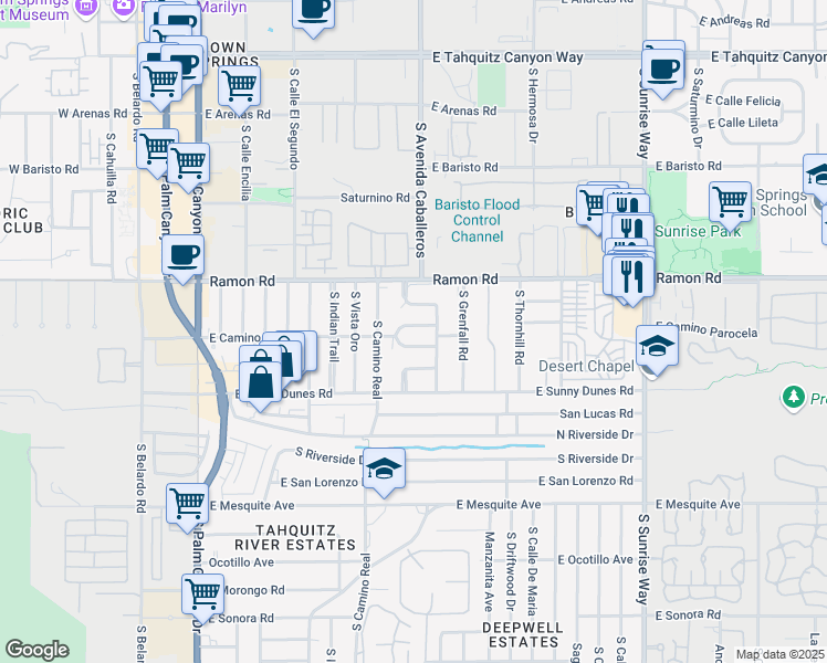 map of restaurants, bars, coffee shops, grocery stores, and more near 555 South Warm Sands Drive in Palm Springs