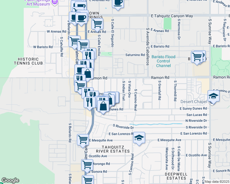 map of restaurants, bars, coffee shops, grocery stores, and more near 580 South Calle Palo Fierro in Palm Springs