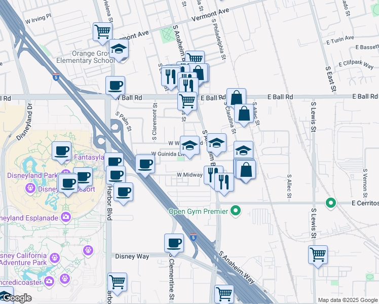 map of restaurants, bars, coffee shops, grocery stores, and more near 150 West Winston Road in Anaheim