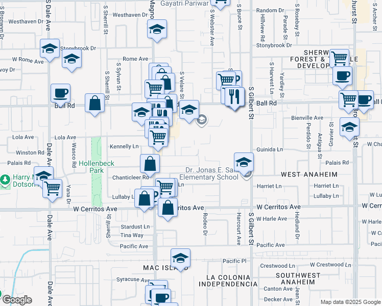 map of restaurants, bars, coffee shops, grocery stores, and more near 2515 West Winston Road in Anaheim
